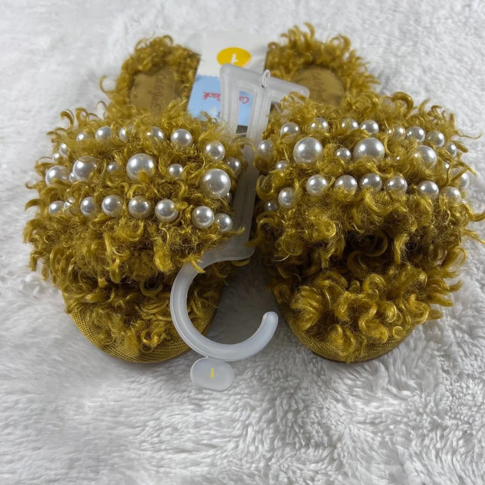 Cat Jack‎ Toddler Girls Bear Slippers Size 1 Gold Faux Fur Pearl Embellished NWT